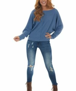 She + Sky Hazy Blue Dolman Sleeve Fleece Waffle Knit Top