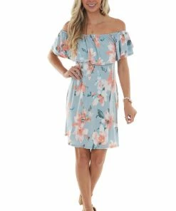 Sweet Lovely Sky Floral Off Shoulder Overlay Mini Dress Dresses
