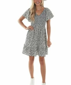 Jodifl Dresses Black Ditsy Floral Smocked Short Sleeve Dress