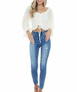 She + Sky Cream Smocked Crop Top With Long Sheer Bubble Sleeves Tops