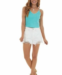 Trend Notes Tops Rich Teal Mineral Wash Sleeveless Waffle Knit Crop Top