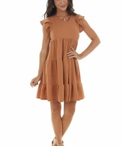 Ces Femme Cinnamon Ribbed Knit Tiered Short Dress Dresses