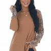 BiBi Camel And Floral Waffle Knit Long Sleeve Top Tops