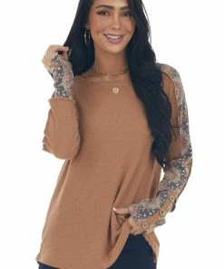 BiBi Camel And Floral Waffle Knit Long Sleeve Top Tops