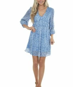 Umgee Rich Cobalt And Ivory Floral Long Sleeve Dress Dresses