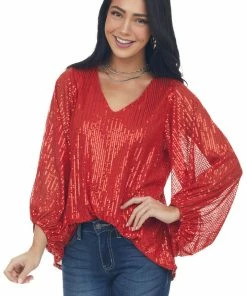 Vine & Love Tops Scarlet Sequin Long Bubble Sleeve Blouse