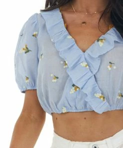 Emory Park Slate Pinstripe Floral Embroidered Cropped Top Tops