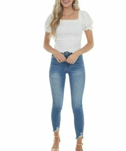 American Fit Ivory Textured Smocked Short Sleeve Top With Tie Detail Tops