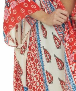 ANGIE Tops Scarlet And Cream Printed Side Slit Kimono