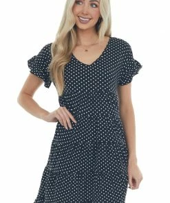 ANGIE Dresses Black And Off White Polka Dot Tiered Dress