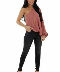 Main Strip Ginger One Shoulder Elastic Hem Flowy Blouse Tops