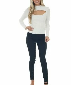 LE LIS Eggshell Cable Knit Mock Neckline Sweater Tops