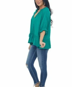 Umgee Tops Kelly Green Textured Blouse With Ruffle Details And Neck Tie