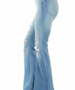 Cello Jeans Bottoms Light Wash High Rise Distressed Flare Jeans