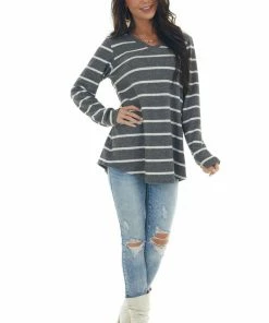 Now N Forever Tops Graphite Striped Brushed Knit V Neckline Top