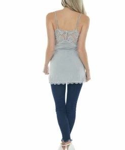 POL Clothing Steel Grey Sleeveless Cami Top With Floral Lace Bust And Hem