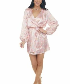 Peach Love Blush Paisley Surplice V Neck Satin Dress Dresses 35 Peach Love Blush Paisley Surplice V Neck Satin Dress Dresses