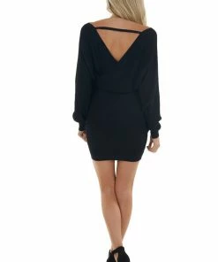 Style Melody Black Surplice Ribbed Knit Sweater Dress Dresses 32 Style Melody Black Surplice Ribbed Knit Sweater Dress Dresses