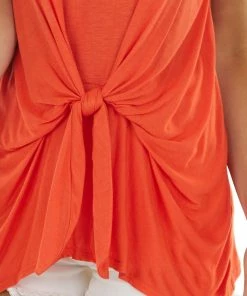 VISION Tops Neon Orange Sleeveless Knit Top With Front Tie Detail 32 VISION Tops Neon Orange Sleeveless Knit Top With Front Tie Detail