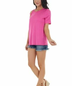 BiBi Vivid Orchid One Caged Sleeve Soft Short Sleeve Knit Top
