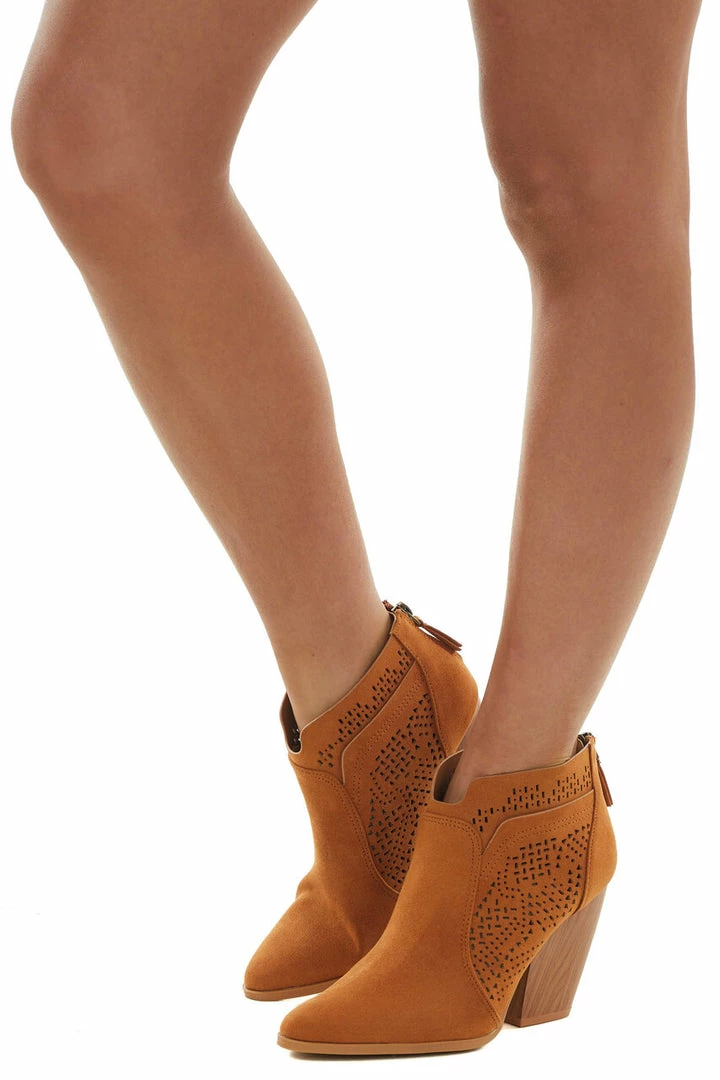 East Lion Corp. Caramel Suede Laser Cut Out Wood Heel Booties 13 East Lion Corp. Caramel Suede Laser Cut Out Wood Heel Booties