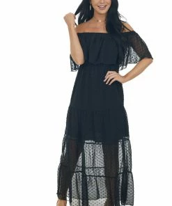 EPretty Dresses Black Swiss Dot Ruffled Off The Shoulder Maxi Dress