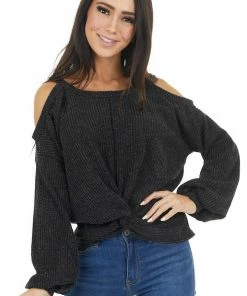 Peach Love Tops Charcoal Two Tone Long Sleeve Knit Top With Cold Shoulders