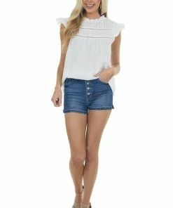 Ces Femme Off White Cap Sleeve Blouse With Lace Yoke