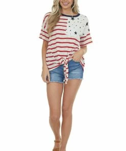 Hailey & Co Cranberry Striped Top With Black Star Contrast Tops
