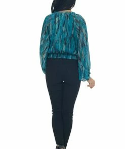 Peach Love Tops Sea Blue Abstract Print Metallic Thread Blouse