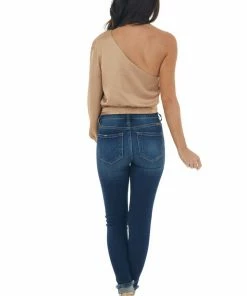 Do + Be Nude One Shoulder Satin Crop Blouse With Lace Tops