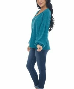 143 Story Tops Teal Reverse Seam V Neck Puff Sleeve Knit Top