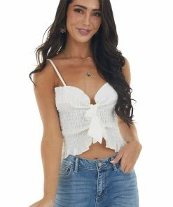 BiBi Ivory Smocked Front Tie Cropped Tank Top