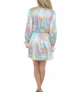 Peach Love Seafoam Floral Print Surplice Satin Short Dress Dresses