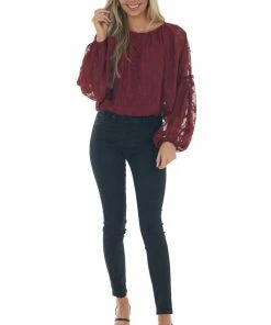 Peach Love Tops Maroon Jacquard Bubble Sleeve Cropped Blouse