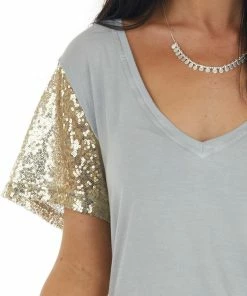 POL Clothing Steel V Neck Top With Short Sequin Sleeves Tops
