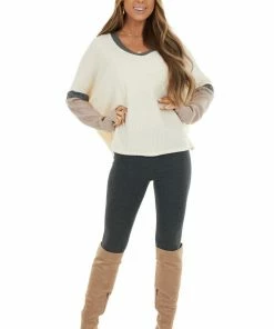 CY Fashion Tops Cream And Mauve Colorblock Long Sleeve Waffle Knit Top