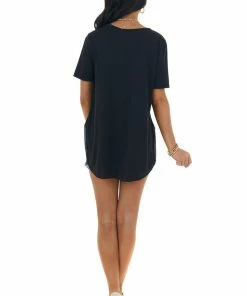 Lush Clothing Black Flowy Knit Top With Single Chest Pocket Tops