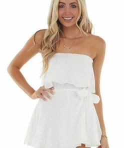 Do + Be Dresses Off White Ruffle Strapless Wrap Skirt Romper