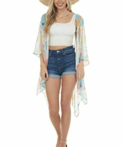 Entro Ivory And Sea Blue Printed Sheer Kimono