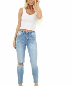 Vervet Bottoms Midwash Denim High Rise Skinny Jeans With Button Up Closure