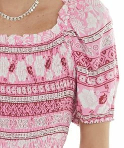 Jodifl Bubblegum Tropical Print Smocked Short Dress Dresses