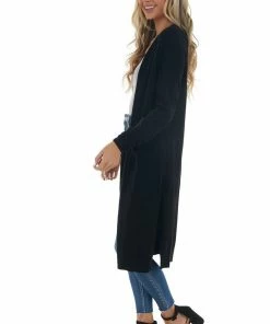 Style Melody Tops Black Longline Open Front Knit Cardigan