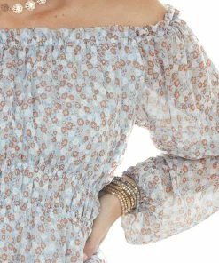 143 Story Powder Blue Ditsy Floral Off Shoulder Blouse Tops