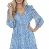 Umgee Rich Cobalt And Ivory Floral Long Sleeve Dress Dresses