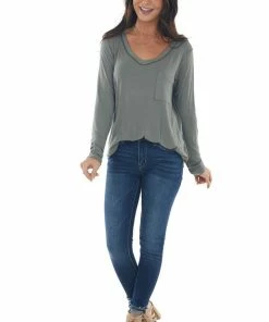 143 Story Hazy Sage Exposed Stitch Chest Pocket Knit Top
