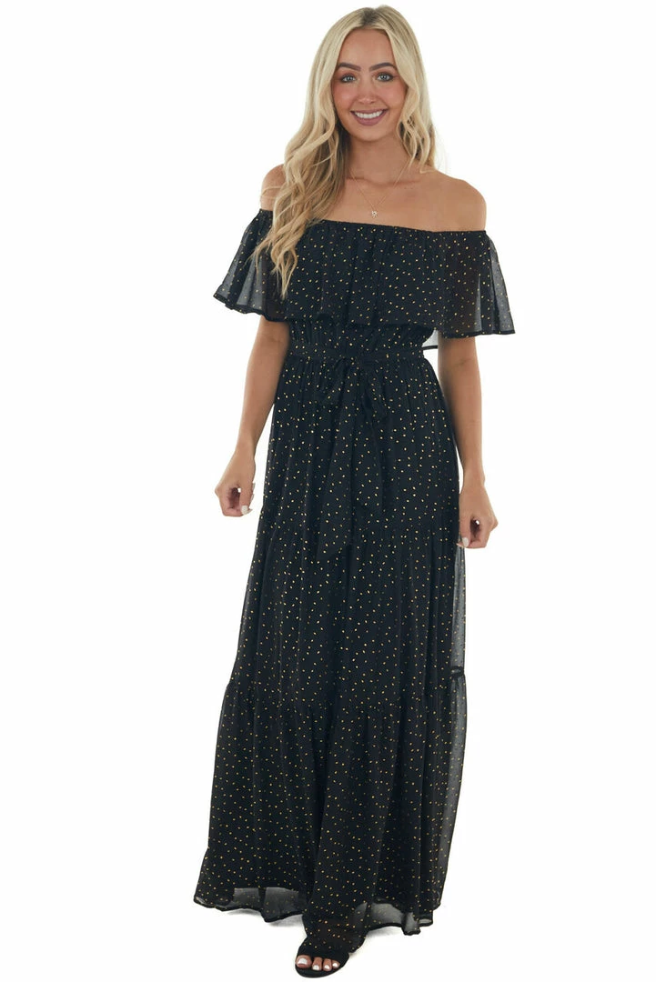 Flying Tomato Dresses Black And Gold Fleck Off Shoulder Maxi Dress 5 Flying Tomato Dresses Black And Gold Fleck Off Shoulder Maxi Dress