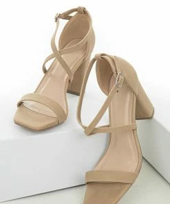 FORTUNE DYNAMIC Nude Square Toe High Heels With Ankle Strap