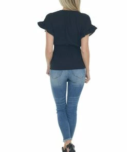 Umgee Black V Neck Blouse With Front Tie Detail Tops