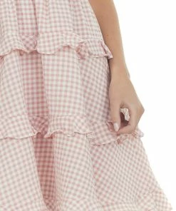 Sweet Lemon Dusty Coral Gingham Smocked Tiered Mini Dress Dresses